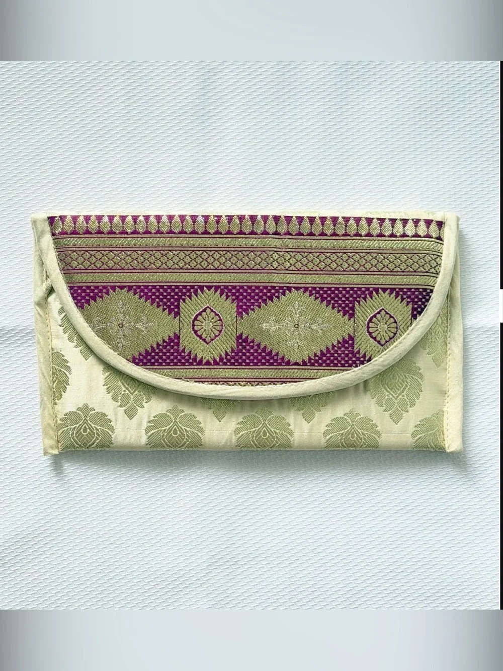 Elegant Cream,Purple & Gold Brocade Clutch Bag